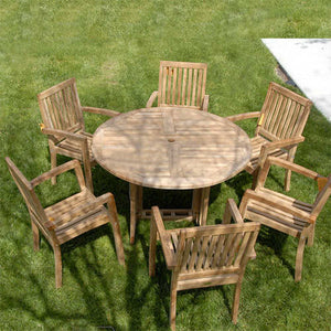 New 7pc Grade-A Teak Outdoor Dining Set-one Round folding table & 6 Patara Stacking Arm Chairs + cushions