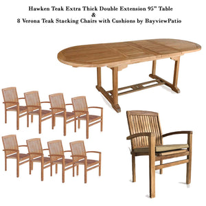 New 9pc Grade-A Teak Outdoor Dining Set-one Double Extension Oval Table 95x40 & 8 Verona Stacking Arm Chairs + cushions
