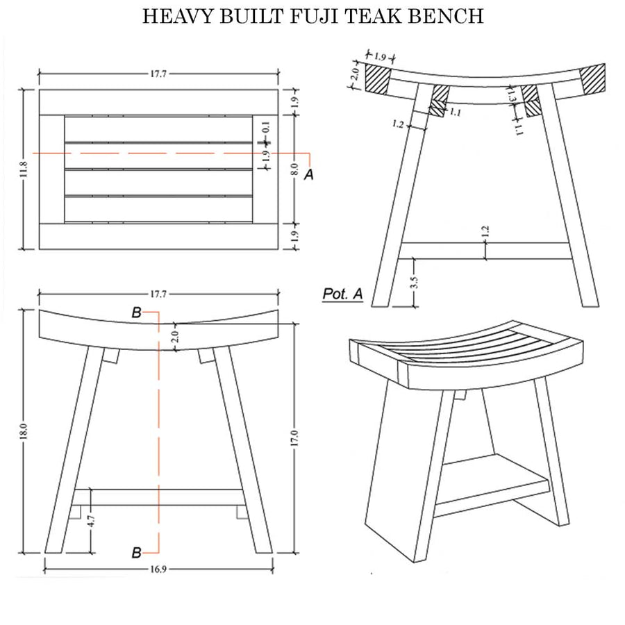 Heavy Fuji-I Teak Shower Bench or Pool Side Bench Chair Height Stool