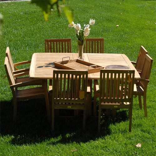 New 9pc Grade-A Teak Outdoor Dining Set-one Square folding table & 8 Patara Stacking Arm Chairs + cushions