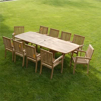 New 11pc Grade-A Teak Outdoor Dining Set-one Double Extension Table 95x40 & 10 Patara Stacking Arm Chairs + cushions