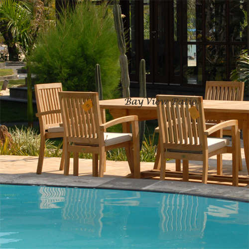 New 11pc Grade-A Teak Outdoor Dining Set-one Double Extension Table 118x40 & 10 Patara Stacking Arm Chairs + cushions