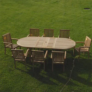 New 9pc Grade-A Teak Outdoor Dining Set-one Double Extension Oval Table 95x40 & 8 Patara Stacking Arm Chairs + cushions