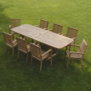 New 9pc Grade-A Teak Outdoor Dining Set-one Double Extension Table 95x40 & 8 Patara Stacking Arm Chairs + cushions