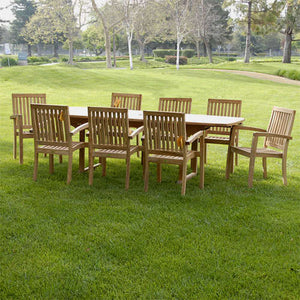 New 9pc Grade-A Teak Outdoor Dining Set-one Double Extension Table 95x40 & 8 Patara Stacking Arm Chairs + cushions