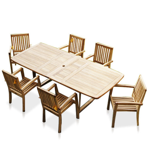 New 7Pc teak outdoor dining set with one table and 6 Patara chairs with cushions