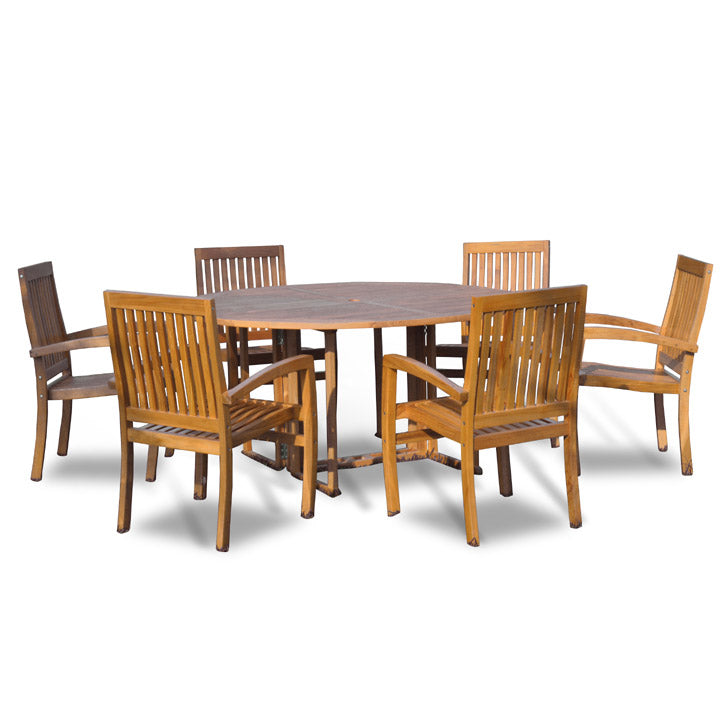 New 7pc Grade-A Teak Outdoor Dining Set-one Round folding table & 6 Patara Stacking Arm Chairs + cushions