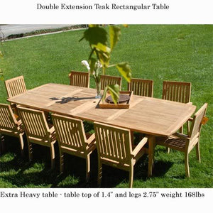 New 11pc Grade-A Teak Outdoor Dining Set-one Double Extension Table 118x40 & 10 Patara Stacking Arm Chairs + cushions