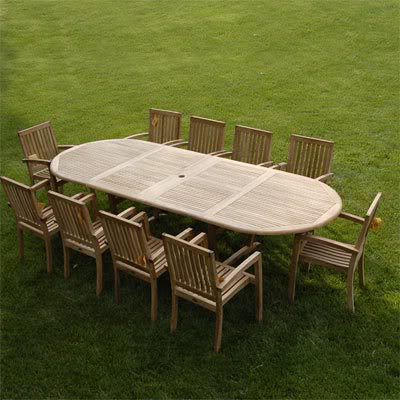 New 11pc Grade-A Teak Outdoor Dining Set-one Double Extension Oval Table 118x40 & 10 Patara Stacking Arm Chairs + cushions