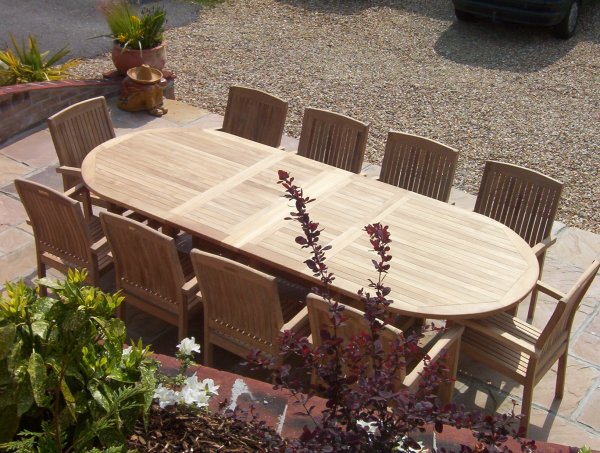 New 11pc Grade-A Teak Outdoor Dining Set-one Double Extension Oval Table 118x40 & 10 Verona Stacking Arm Chairs + cushions