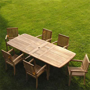 New 7Pc teak outdoor dining set with one table and 6 Patara chairs with cushions